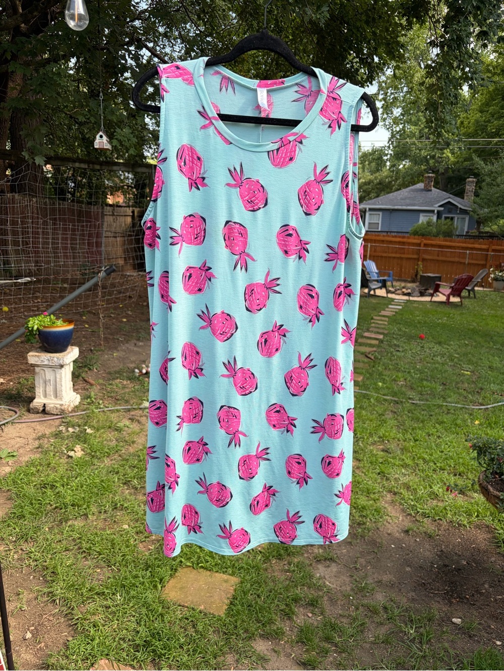 Boho Blu Sleeveless Aqua Dress with Pink Pineapple Print